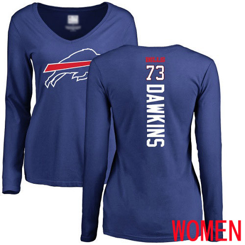NFL Women Buffalo Bills #73 Dion Dawkins Royal Blue Backer Long Sleeve T Shirt